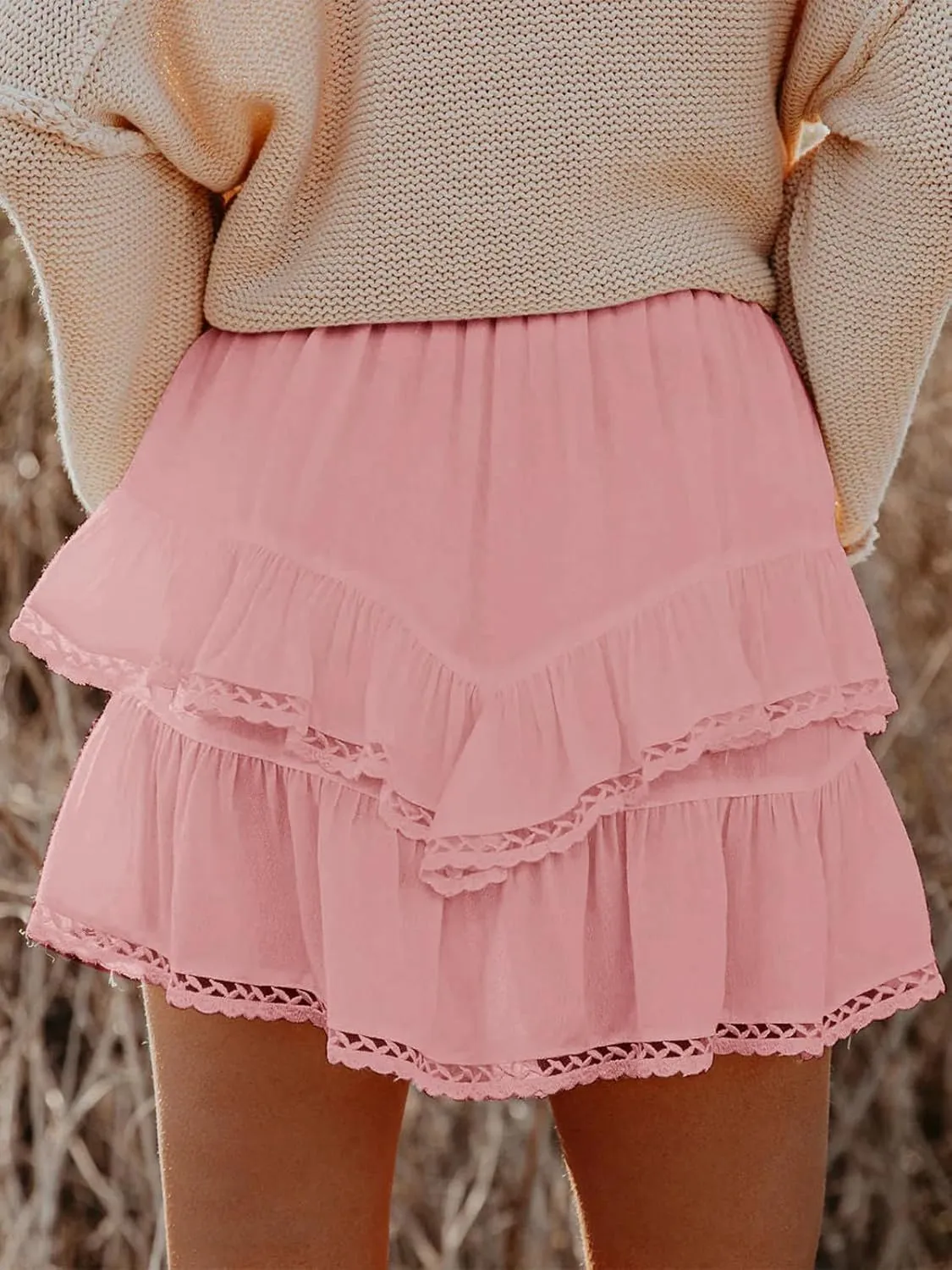 Flowy Shorts for Women Casual Boho Ruffle Tiered Skorts High Waist Mini Skirts Golf Tennis Crochet Shorts