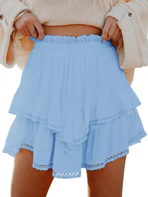 Flowy Shorts for Women Casual Boho Ruffle Tiered Skorts High Waist Mini Skirts Golf Tennis Crochet Shorts