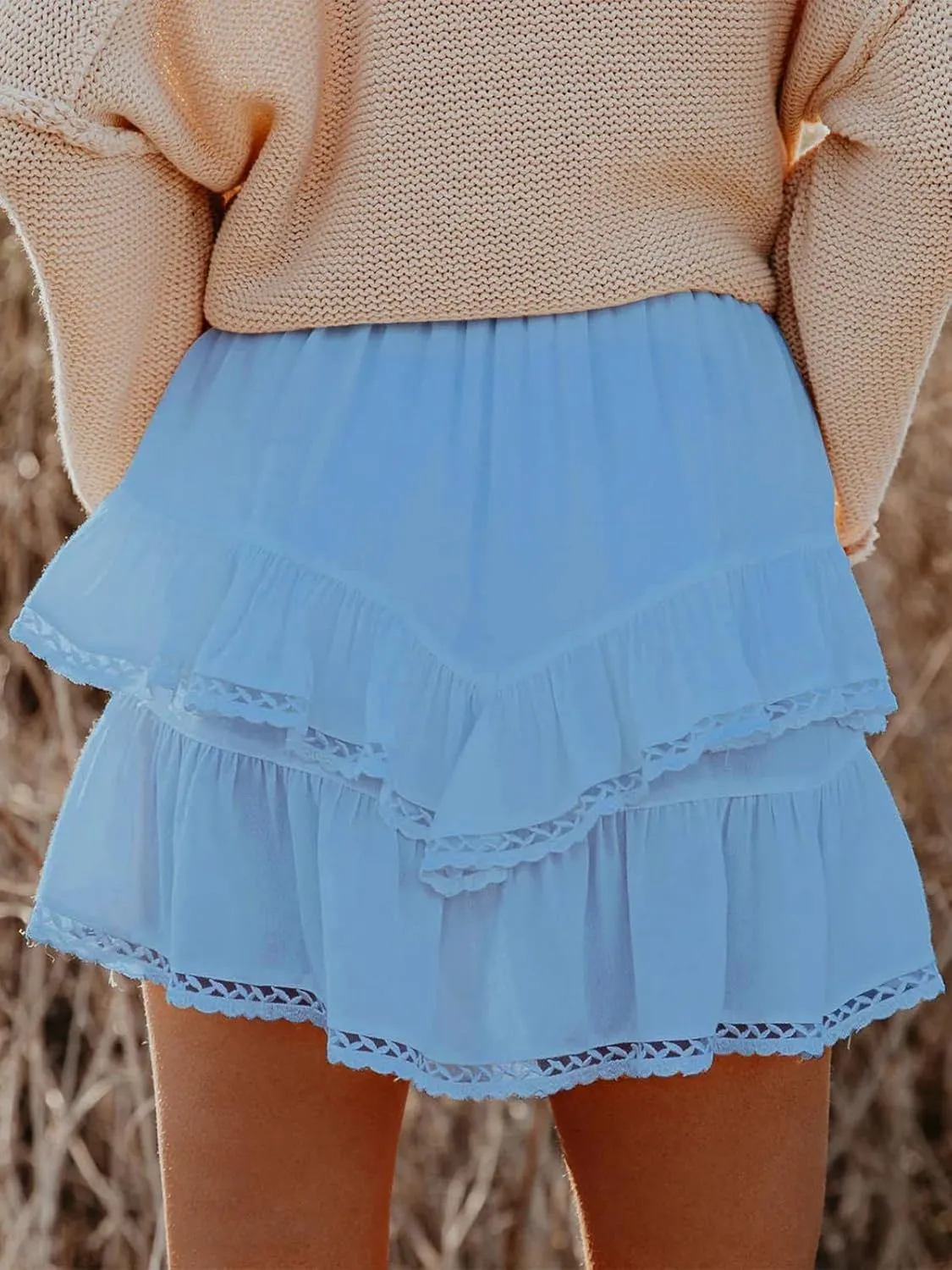 Flowy Shorts for Women Casual Boho Ruffle Tiered Skorts High Waist Mini Skirts Golf Tennis Crochet Shorts