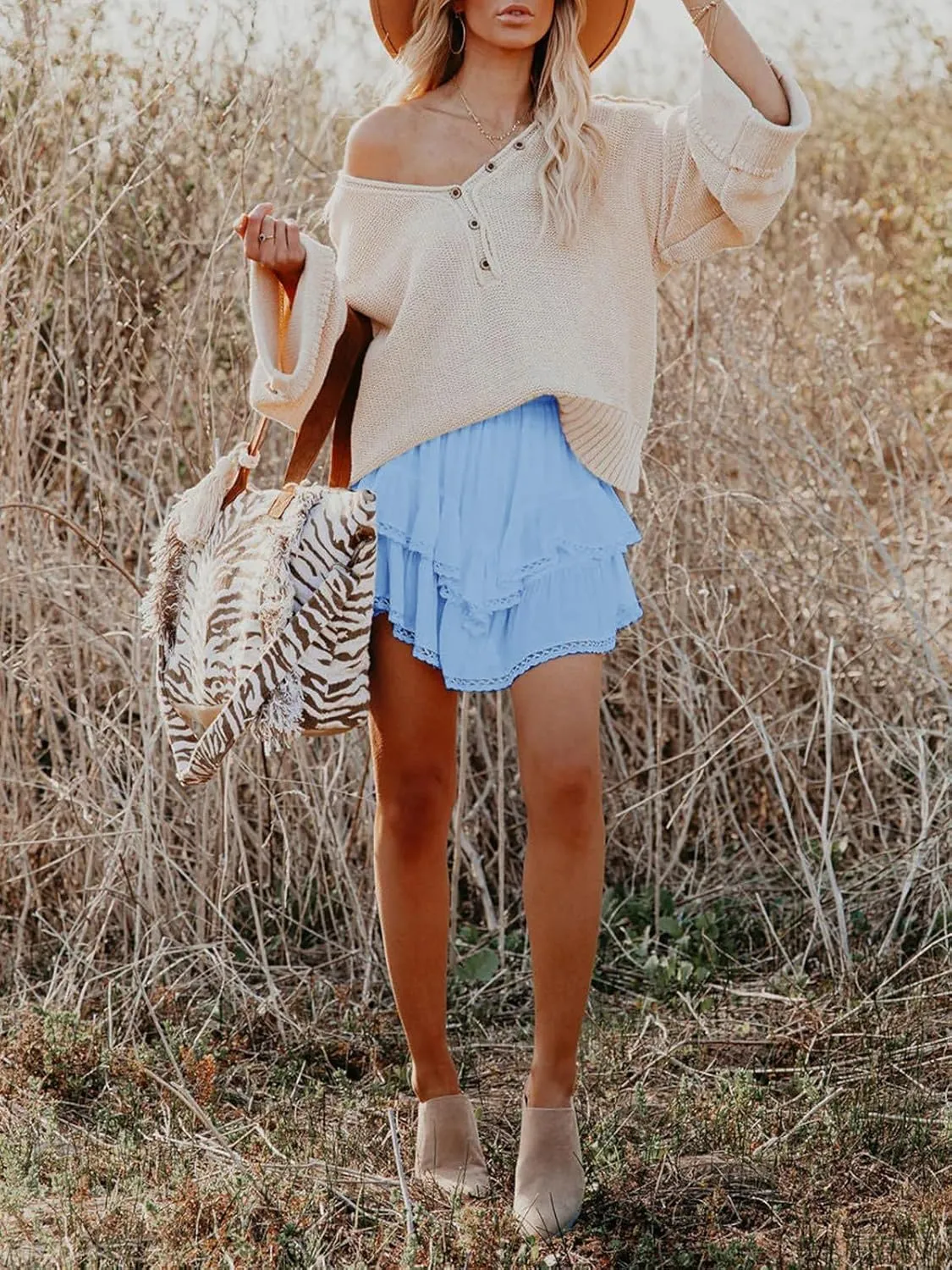 Flowy Shorts for Women Casual Boho Ruffle Tiered Skorts High Waist Mini Skirts Golf Tennis Crochet Shorts