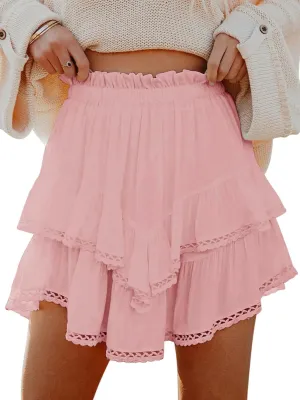 Flowy Shorts for Women Casual Boho Ruffle Tiered Skorts High Waist Mini Skirts Golf Tennis Crochet Shorts