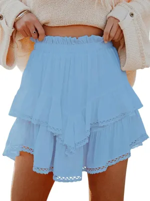 Flowy Shorts for Women Casual Boho Ruffle Tiered Skorts High Waist Mini Skirts Golf Tennis Crochet Shorts