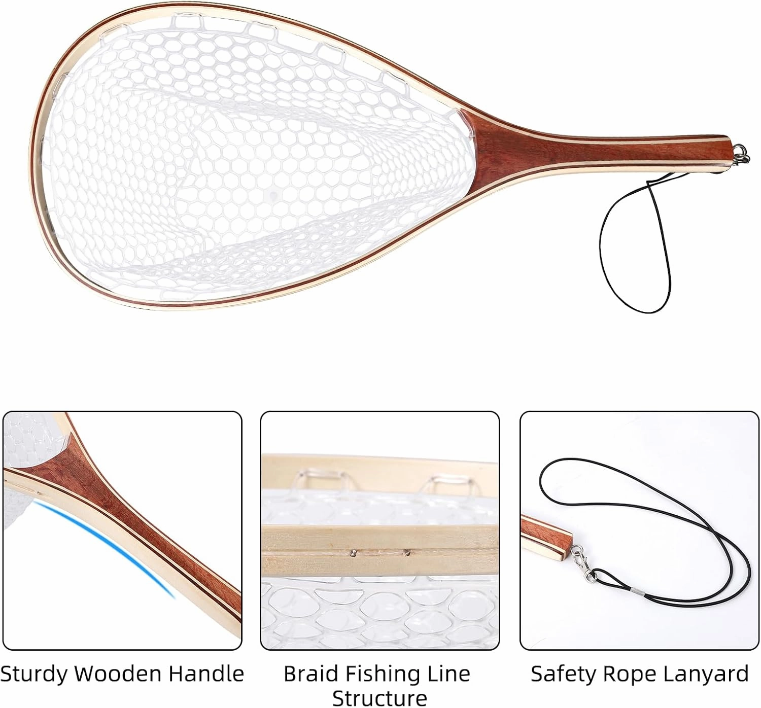 Fly Fishing Net, Trout Net, Wooden Frame Fly Fishing Landing Net with Soft Rubber Mesh for Catch and Release, Lightweight Fish Net for Trout Bass, Fly Fishing Gear for Stream Fishing