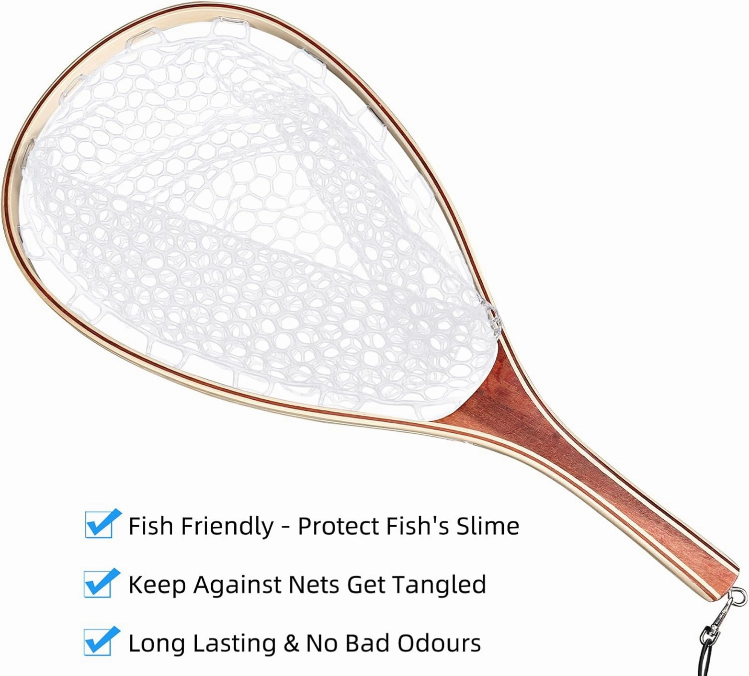Fly Fishing Net, Trout Net, Wooden Frame Fly Fishing Landing Net with Soft Rubber Mesh for Catch and Release, Lightweight Fish Net for Trout Bass, Fly Fishing Gear for Stream Fishing