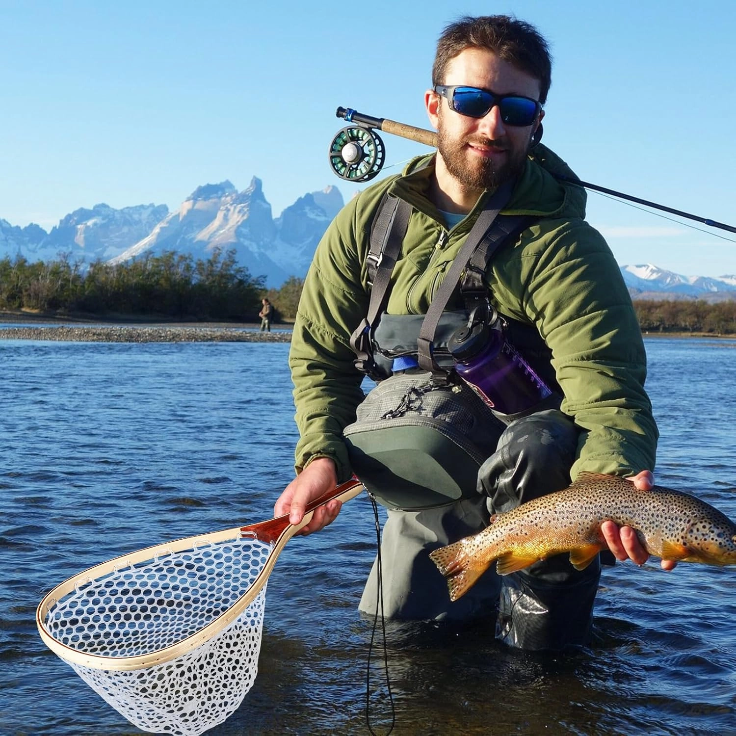Fly Fishing Net, Trout Net, Wooden Frame Fly Fishing Landing Net with Soft Rubber Mesh for Catch and Release, Lightweight Fish Net for Trout Bass, Fly Fishing Gear for Stream Fishing