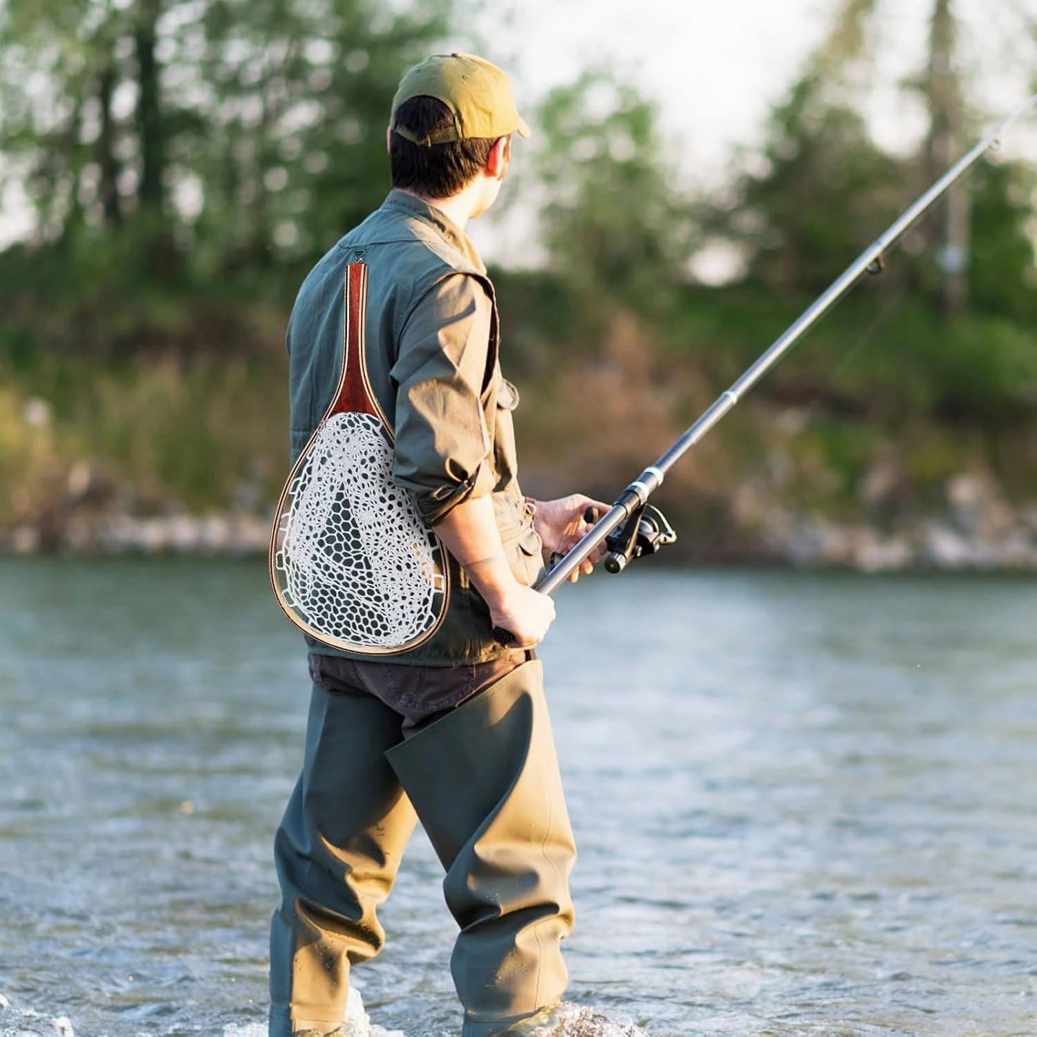 Fly Fishing Net, Trout Net, Wooden Frame Fly Fishing Landing Net with Soft Rubber Mesh for Catch and Release, Lightweight Fish Net for Trout Bass, Fly Fishing Gear for Stream Fishing