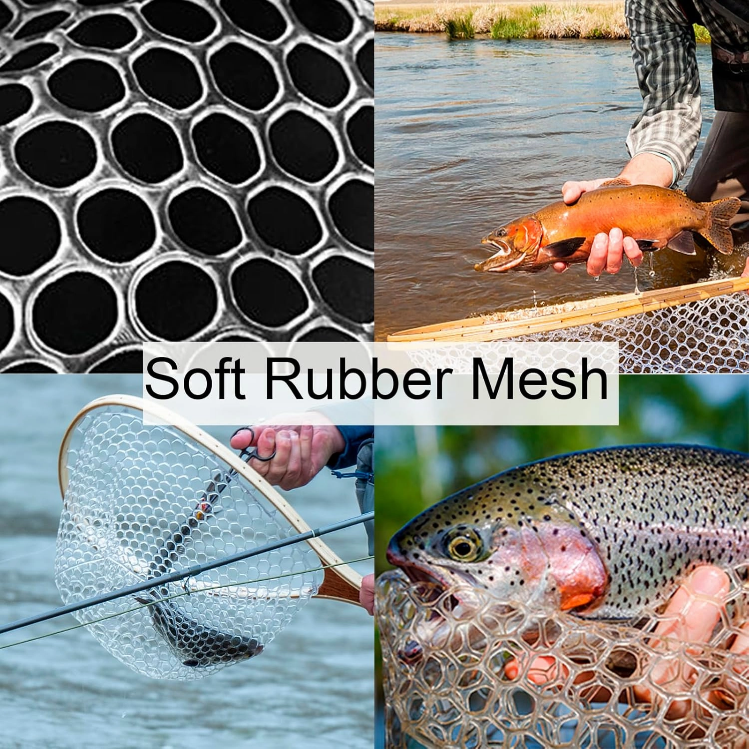 Fly Fishing Net, Trout Net, Wooden Frame Fly Fishing Landing Net with Soft Rubber Mesh for Catch and Release, Lightweight Fish Net for Trout Bass, Fly Fishing Gear for Stream Fishing