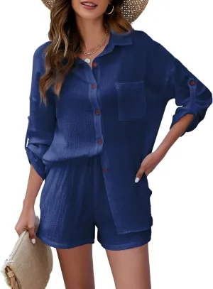 Flygo Women's 2 Piece Outfits Lounge Short Sets Cotton Linen Roll Up Sleeve Button Down Shirt Top Shorts Set