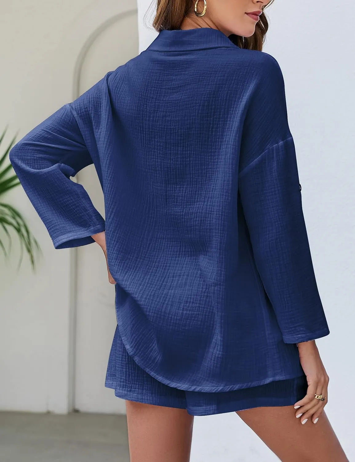 Flygo Women's 2 Piece Outfits Lounge Short Sets Cotton Linen Roll Up Sleeve Button Down Shirt Top Shorts Set