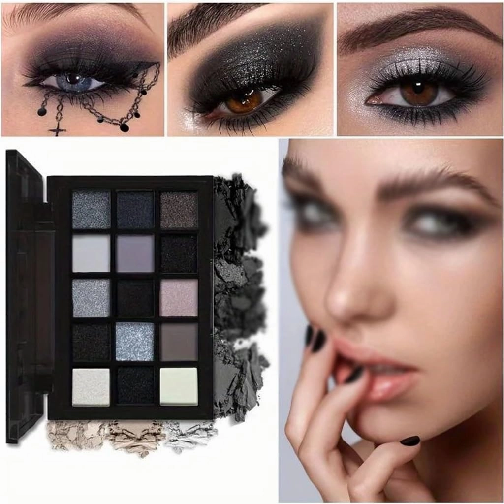 FMURY Black Smoked Eye Shadow Palette 15 Colors Neutral Eye Makeup Shiny Pearl Sequins Eye Shadow