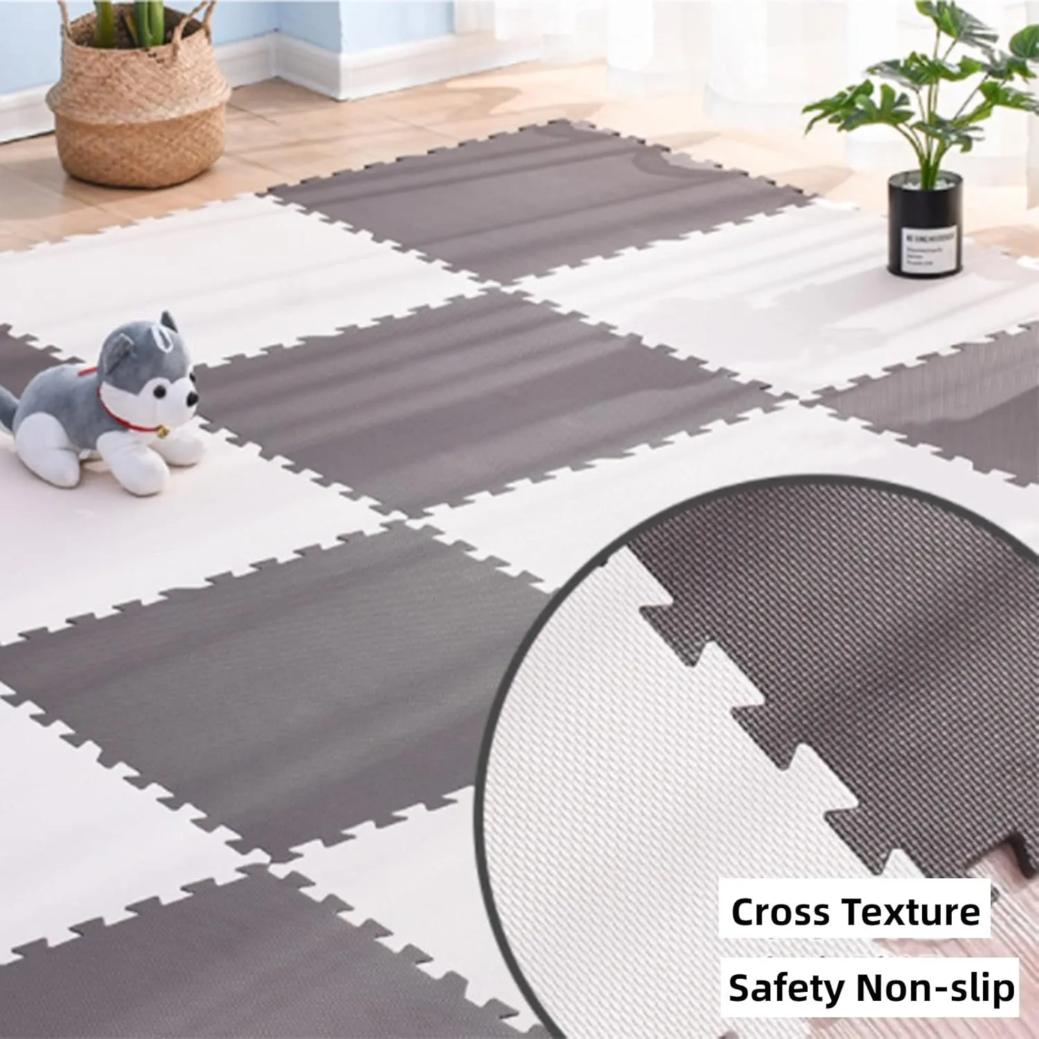 Foam Mat Non-Slip Interlocking Foam Tiles with Border, Comfortable Exercise and Play Mat 20 Tiles,Beige Blue,60 * 60cm