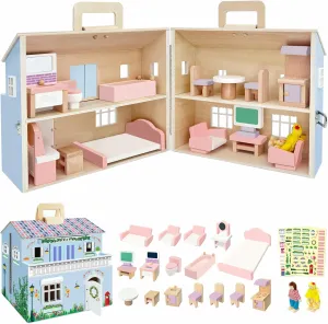 Foldable Wooden Dollhouse, DIY Doll House with 3 Sticker Sheets for 2 Styles (Pink & White), 4 Rooms, 16 Pcs Furniture, 2 Dolls, Metal Lock & Portable Handle - Ideal Gift for Kids Ages 3 