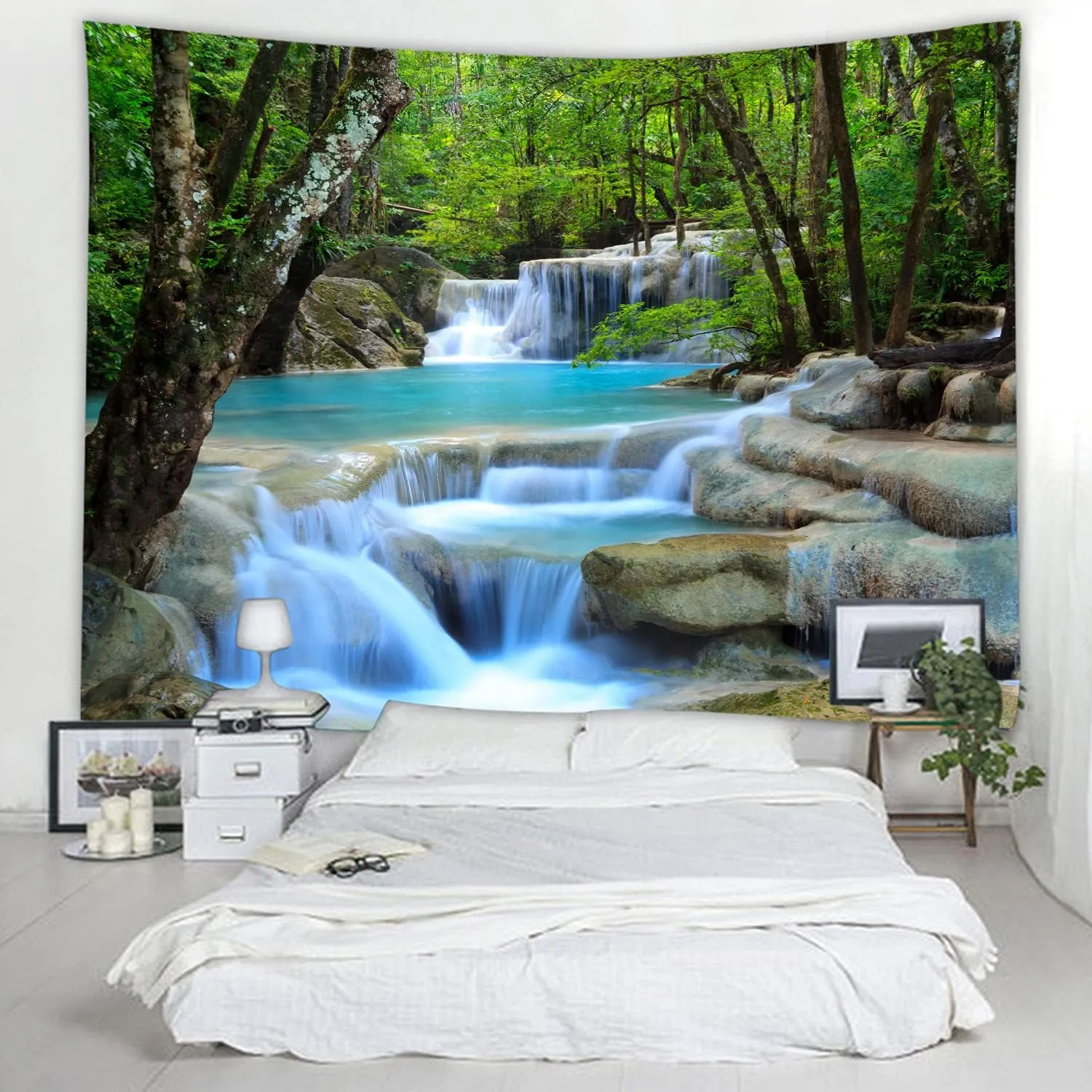 Forest Waterfall Water Print Fabric Tapestry Decorative Wall Art Tablecloth Bedspread Picnic Blanket Beach Throw Blanket Multifunctional for Bedroom Hall Dormitory Living Room Hanging 91 x 71 inches