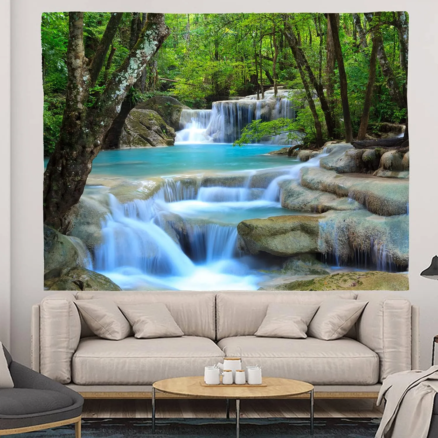 Forest Waterfall Water Print Fabric Tapestry Decorative Wall Art Tablecloth Bedspread Picnic Blanket Beach Throw Blanket Multifunctional for Bedroom Hall Dormitory Living Room Hanging 91 x 71 inches