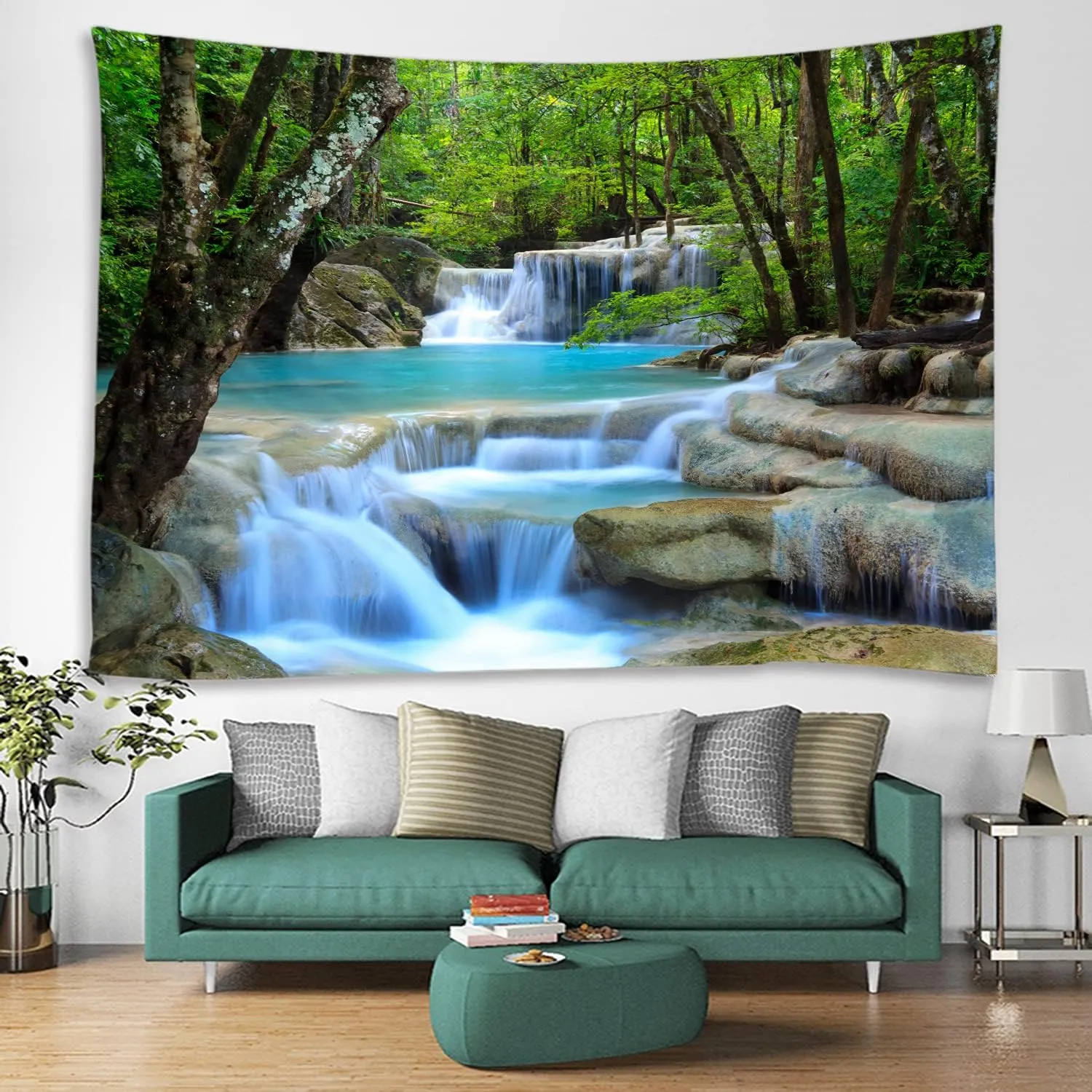 Forest Waterfall Water Print Fabric Tapestry Decorative Wall Art Tablecloth Bedspread Picnic Blanket Beach Throw Blanket Multifunctional for Bedroom Hall Dormitory Living Room Hanging 91 x 71 inches