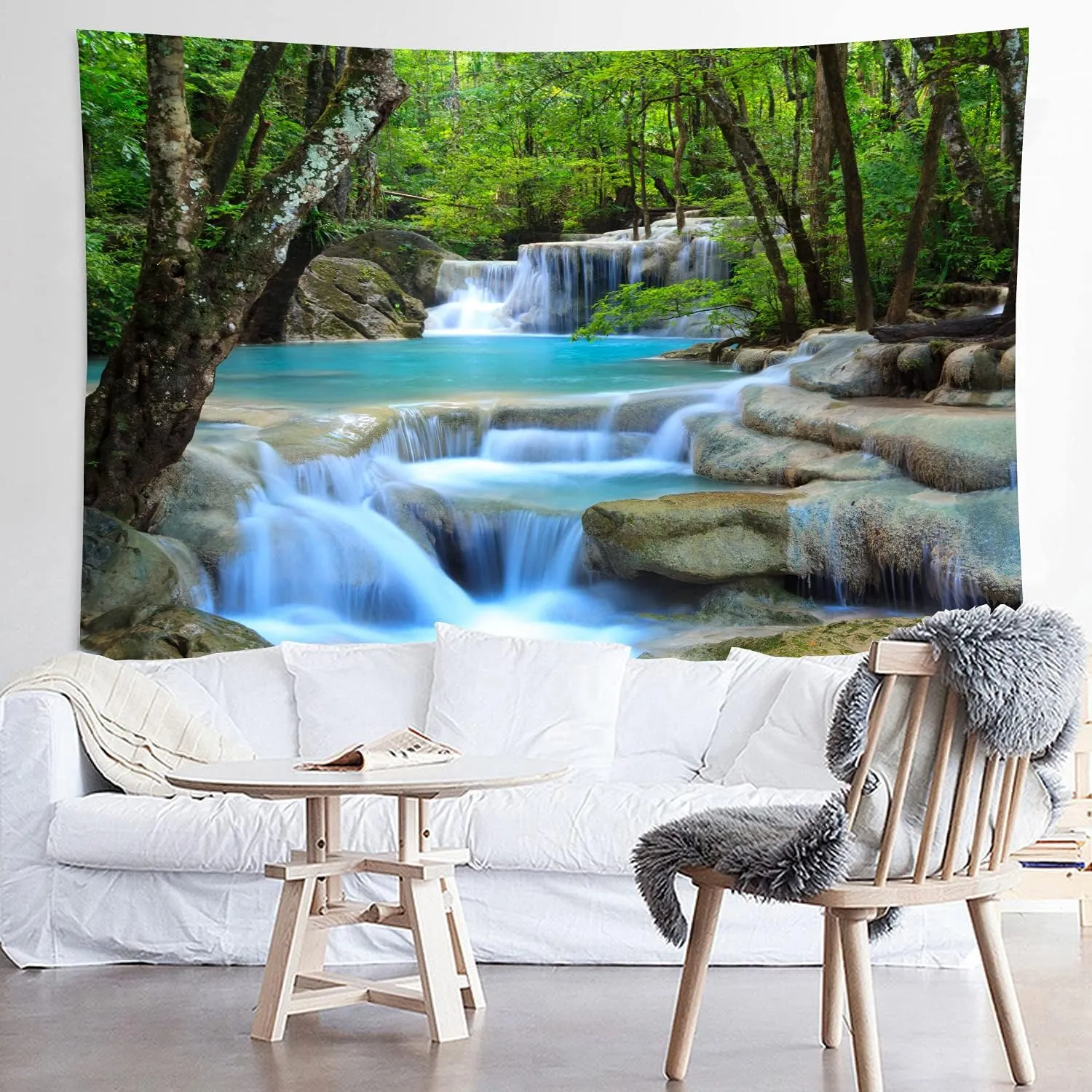 Forest Waterfall Water Print Fabric Tapestry Decorative Wall Art Tablecloth Bedspread Picnic Blanket Beach Throw Blanket Multifunctional for Bedroom Hall Dormitory Living Room Hanging 91 x 71 inches