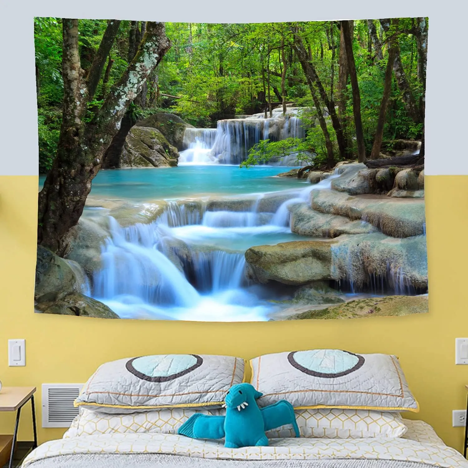 Forest Waterfall Water Print Fabric Tapestry Decorative Wall Art Tablecloth Bedspread Picnic Blanket Beach Throw Blanket Multifunctional for Bedroom Hall Dormitory Living Room Hanging 91 x 71 inches