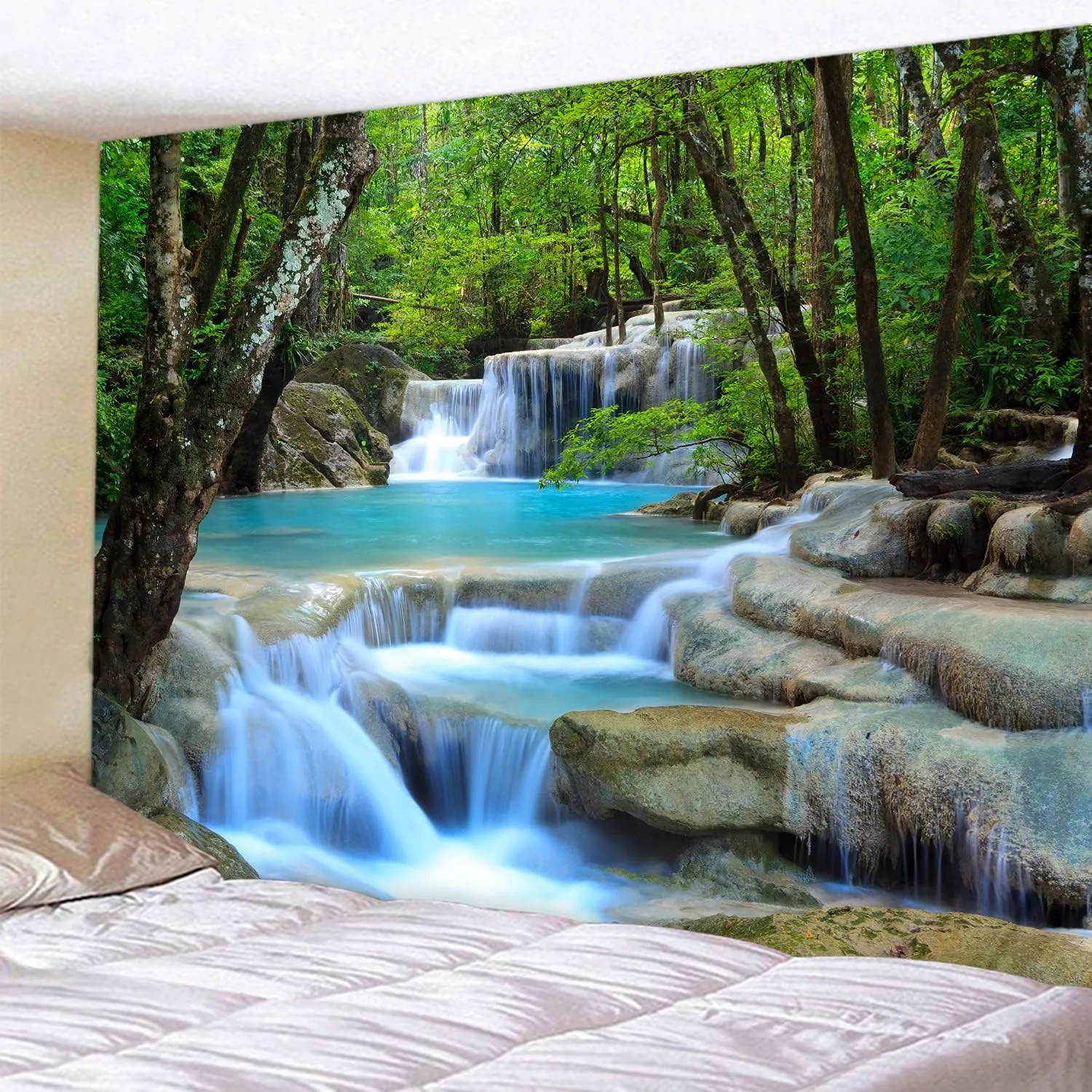 Forest Waterfall Water Print Fabric Tapestry Decorative Wall Art Tablecloth Bedspread Picnic Blanket Beach Throw Blanket Multifunctional for Bedroom Hall Dormitory Living Room Hanging 91 x 71 inches