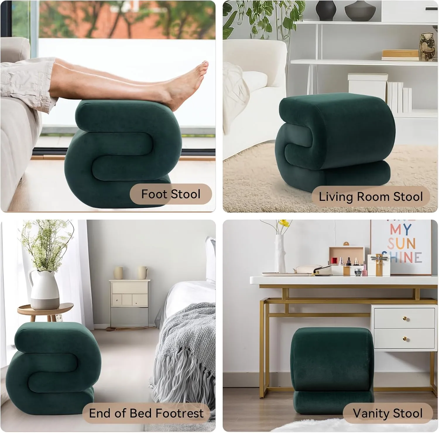 FOXHUNTER Modern Velvet Upholstered Ottoman,Comfort Velvet Foot Stools,Exquisite End Table Pouf Stool Soft Shoe Stool,S Shape Ottoman for Makeup Room Living Room Bedroom Entrance(Older Version Green)