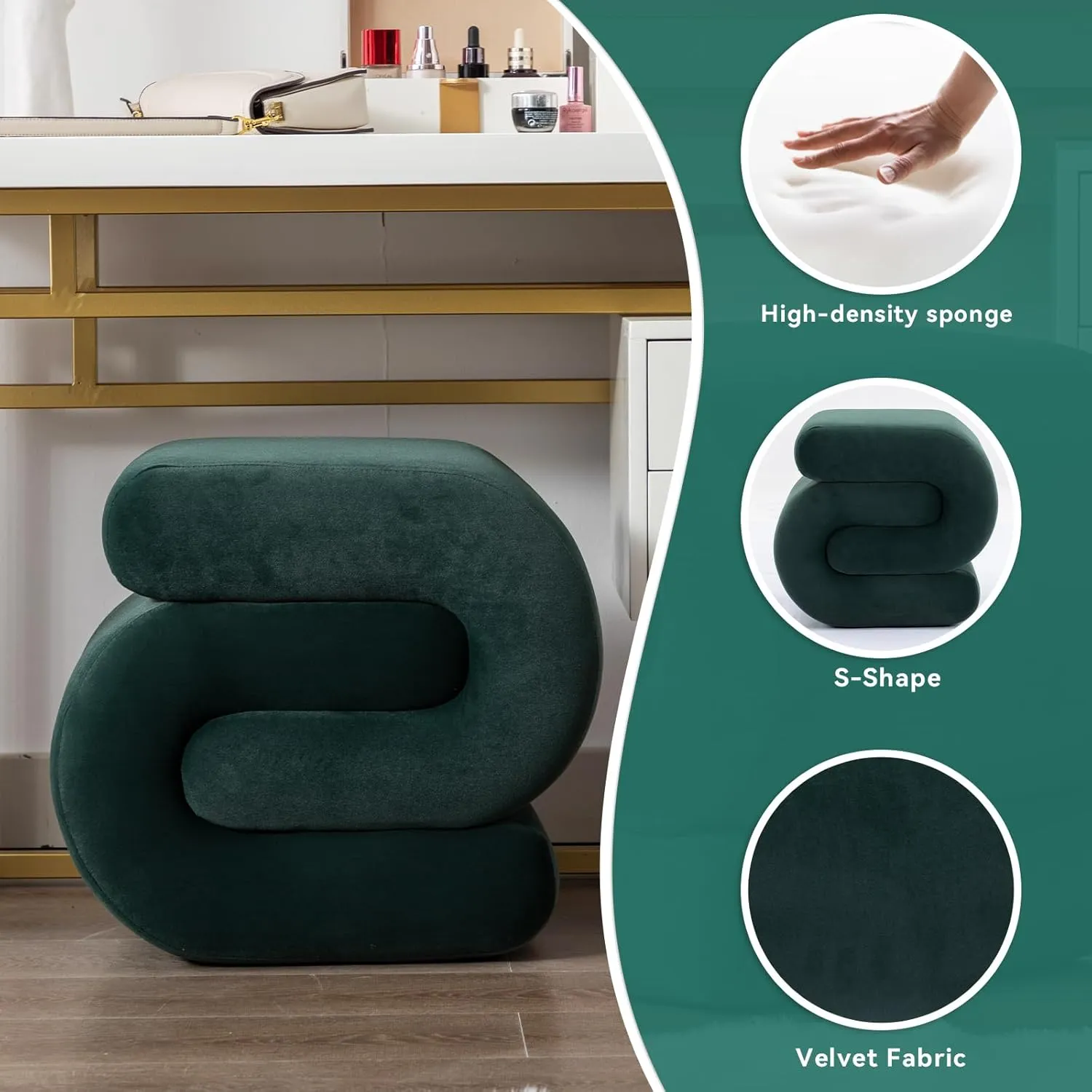 FOXHUNTER Modern Velvet Upholstered Ottoman,Comfort Velvet Foot Stools,Exquisite End Table Pouf Stool Soft Shoe Stool,S Shape Ottoman for Makeup Room Living Room Bedroom Entrance(Older Version Green)