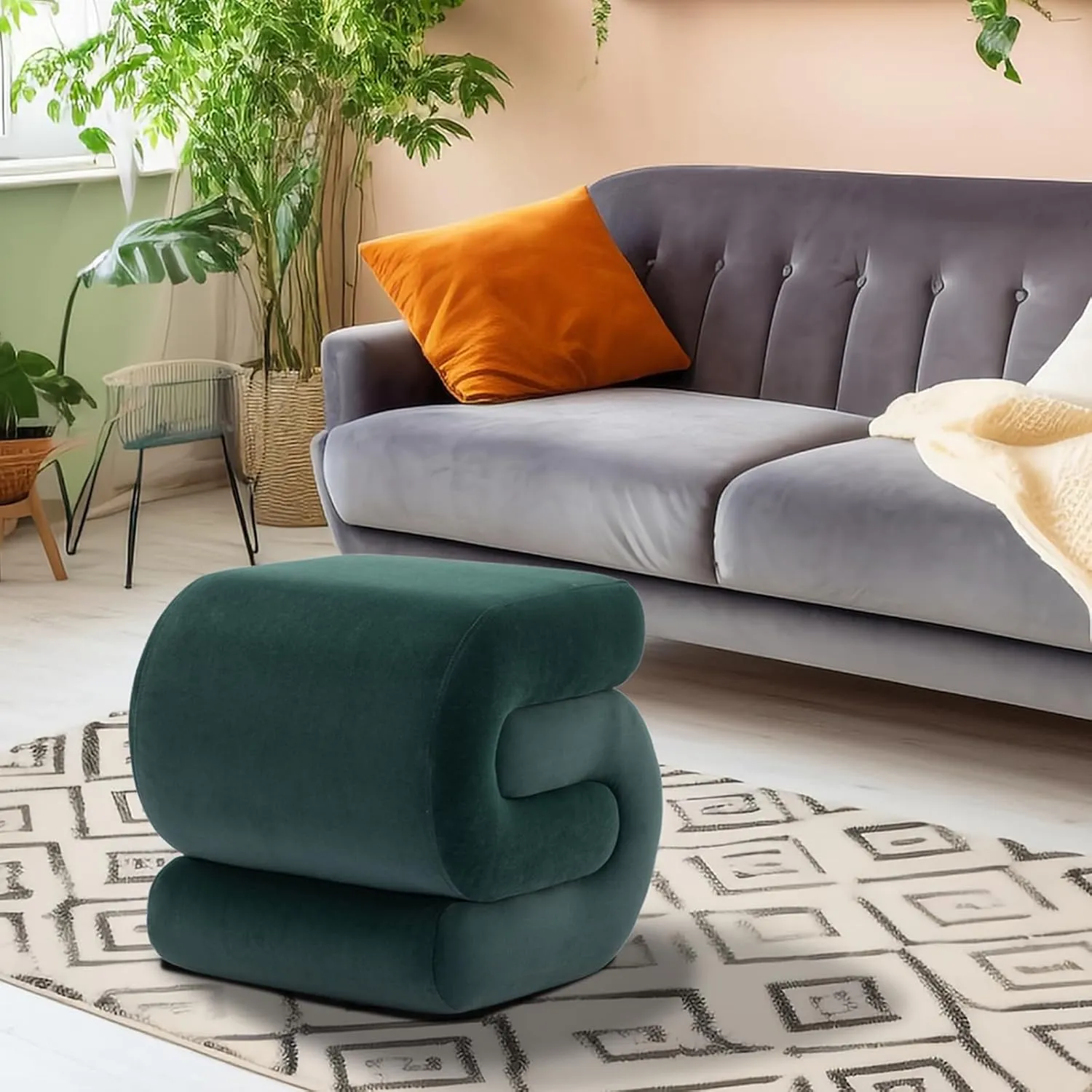 FOXHUNTER Modern Velvet Upholstered Ottoman,Comfort Velvet Foot Stools,Exquisite End Table Pouf Stool Soft Shoe Stool,S Shape Ottoman for Makeup Room Living Room Bedroom Entrance(Older Version Green)