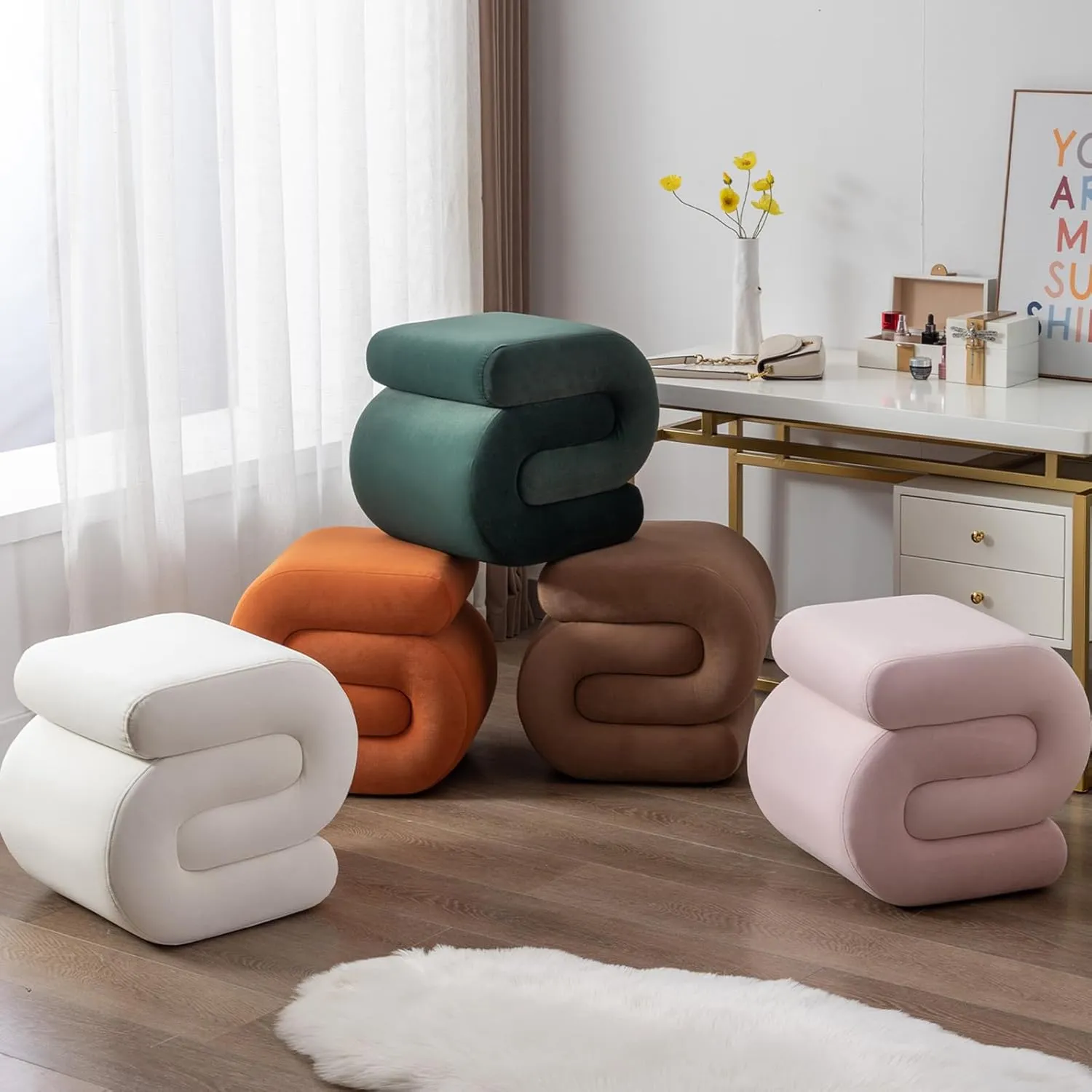 FOXHUNTER Modern Velvet Upholstered Ottoman,Comfort Velvet Foot Stools,Exquisite End Table Pouf Stool Soft Shoe Stool,S Shape Ottoman for Makeup Room Living Room Bedroom Entrance(Older Version Green)