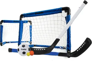 Franklin Sports Indoor Mini Goal Sports Set - 3 in 1 Kids Indoor Goal Set - Indoor Mini Floor Hockey, Knee Hockey, and Mini Soccer Set for Kids, Blue, 22 x 17.5-Inch