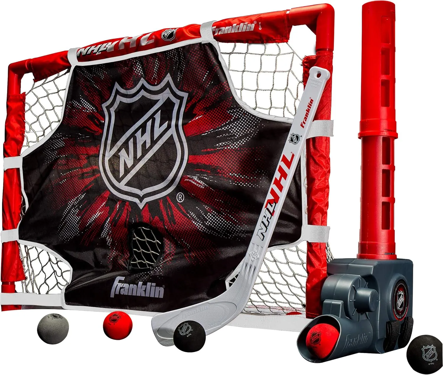 Franklin Sports NHL Kids Knee Hockey Goal Set - Mini Hockey Net   Stick Set - Automatic Ball Passer, Goal & Target