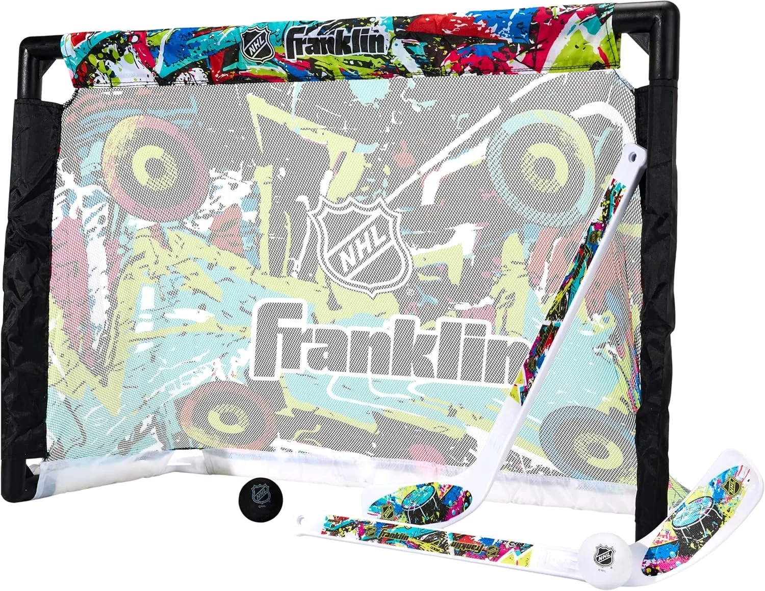 Franklin Sports NHL Kids Mini Hockey Set - Includes (1) Knee Hockey Goal, (2) Mini Sticks   (2) Foam Balls - Indoor Toy Youth Goal   Sticks Set - Graffiti