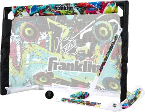 Franklin Sports NHL Kids Mini Hockey Set - Includes (1) Knee Hockey Goal, (2) Mini Sticks   (2) Foam Balls - Indoor Toy Youth Goal   Sticks Set - Graffiti