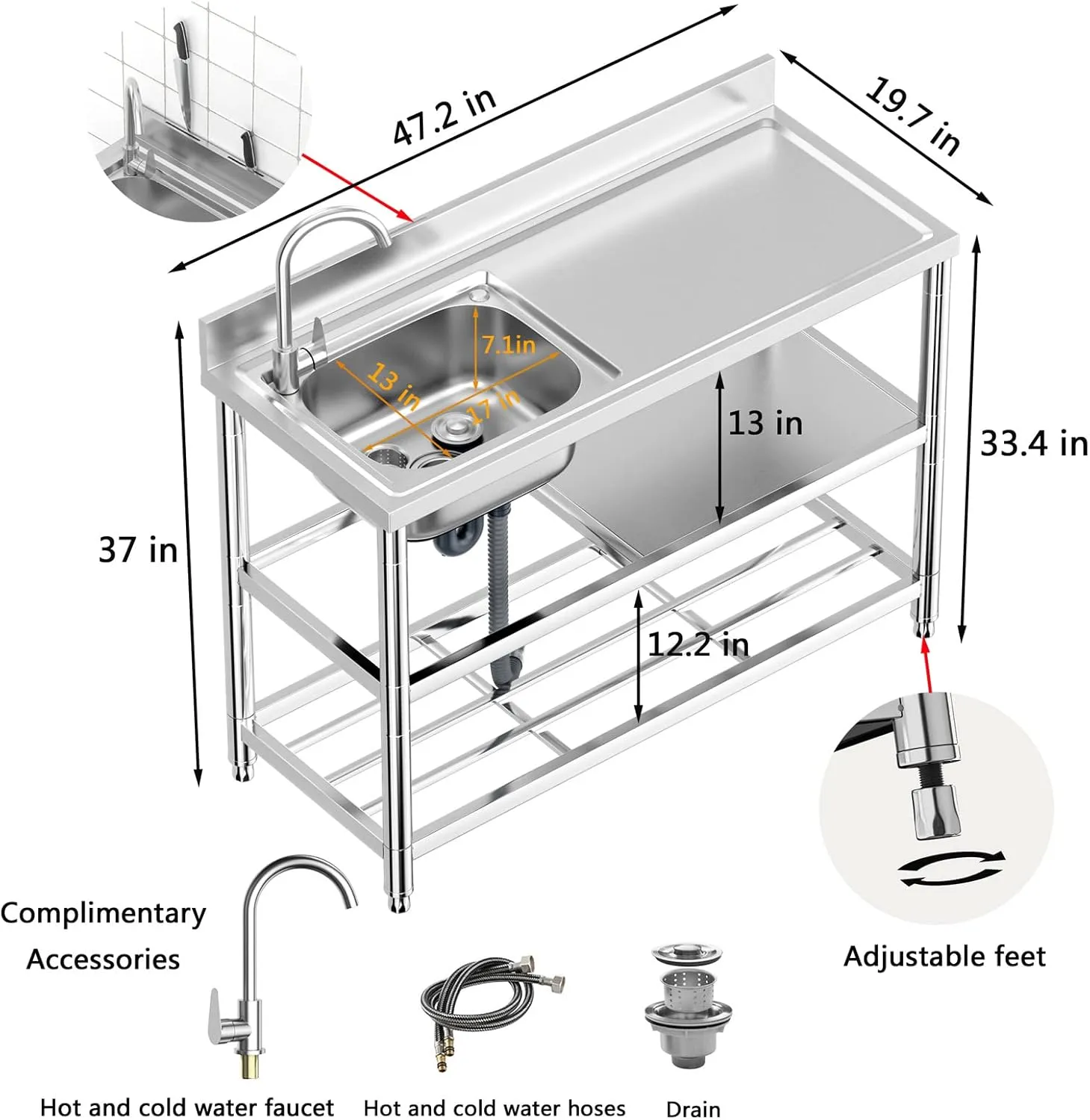Free Standing Stainless-Steel Single Bowl Commercial Restaurant Kitchen Sink Set w/Faucet & Drainboard, Prep & Utility Washing Hand Basin w/Workbench & Double Storage Shelves Indoor Outdoor (47in)