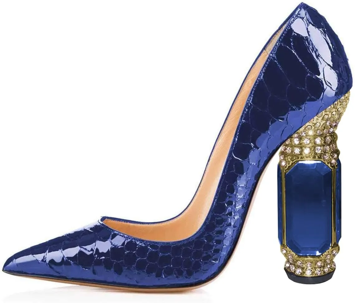 FSJ Women Bridal Pointed Toe Chunky High Heel Crystal Pumps Slip on Wedding Thick Comfort Unique Shoes Size 4-15 US