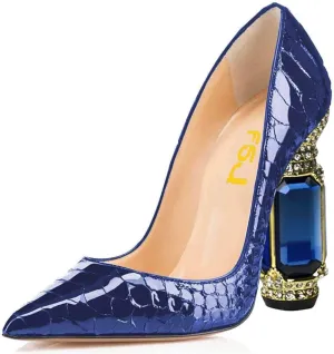 FSJ Women Bridal Pointed Toe Chunky High Heel Crystal Pumps Slip on Wedding Thick Comfort Unique Shoes Size 4-15 US