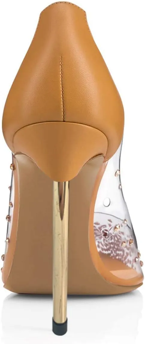 FSJ Women Studded Pointed Toe Transparent Pumps High Heels Shoes with Cute Bowknot US Size 4-15 M
