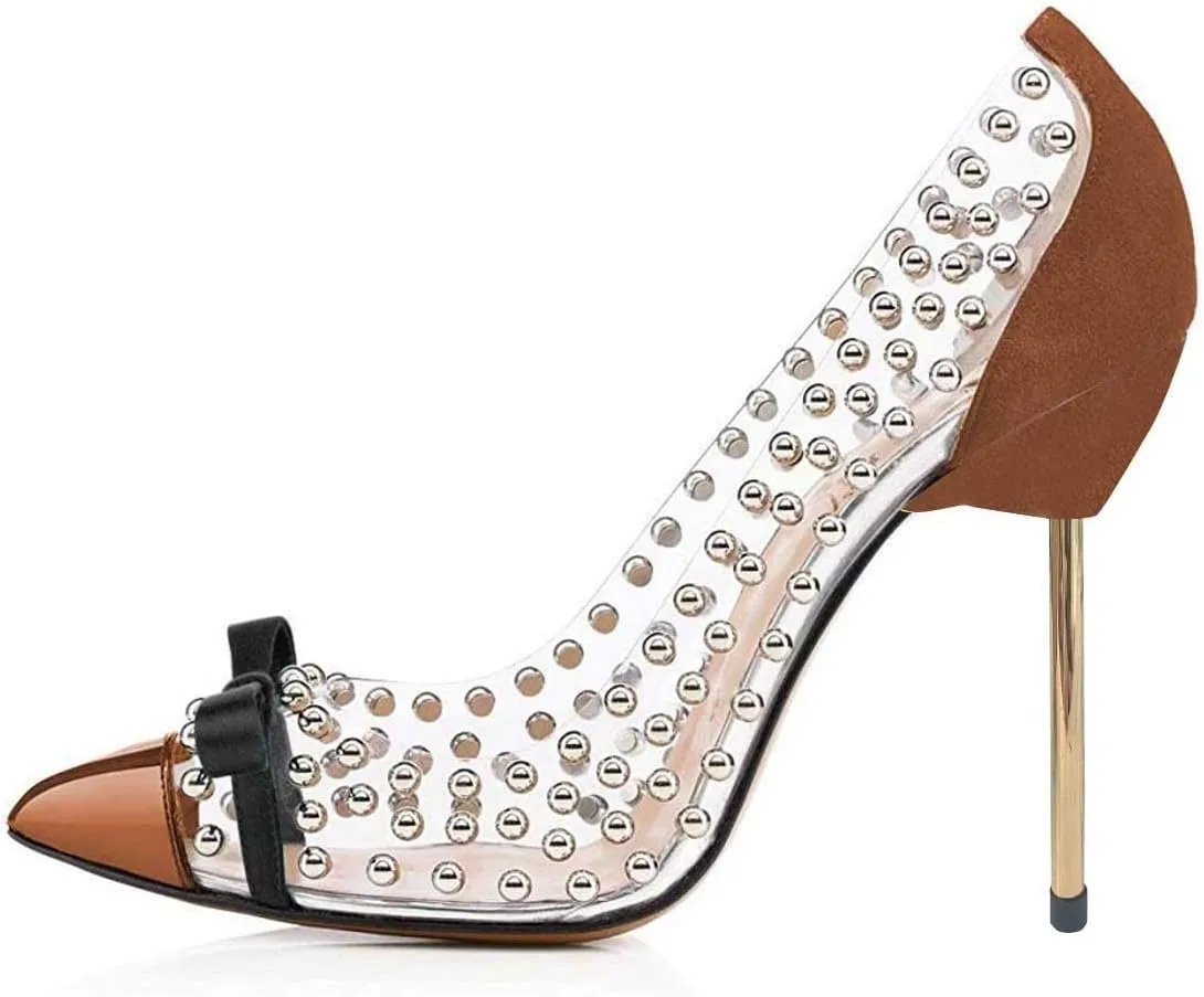 FSJ Women Studded Pointed Toe Transparent Pumps High Heels Shoes with Cute Bowknot US Size 4-15 M