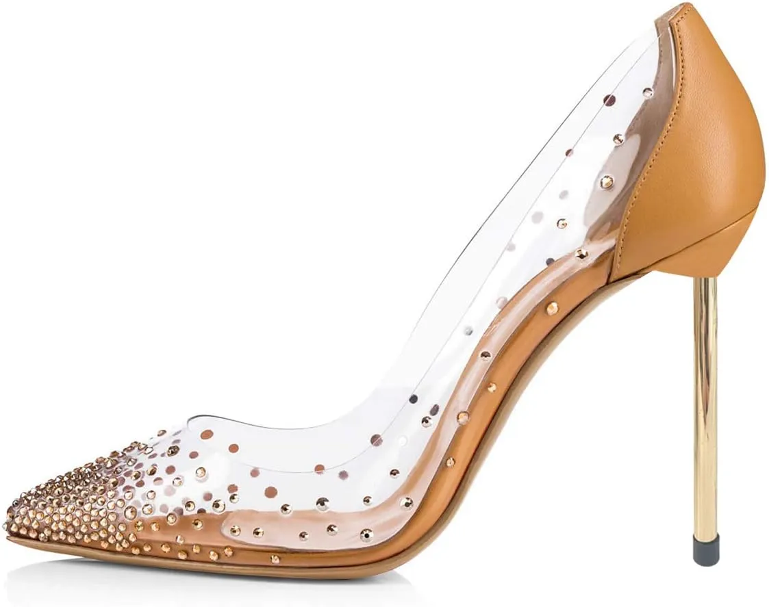 FSJ Women Studded Pointed Toe Transparent Pumps High Heels Shoes with Cute Bowknot US Size 4-15 M
