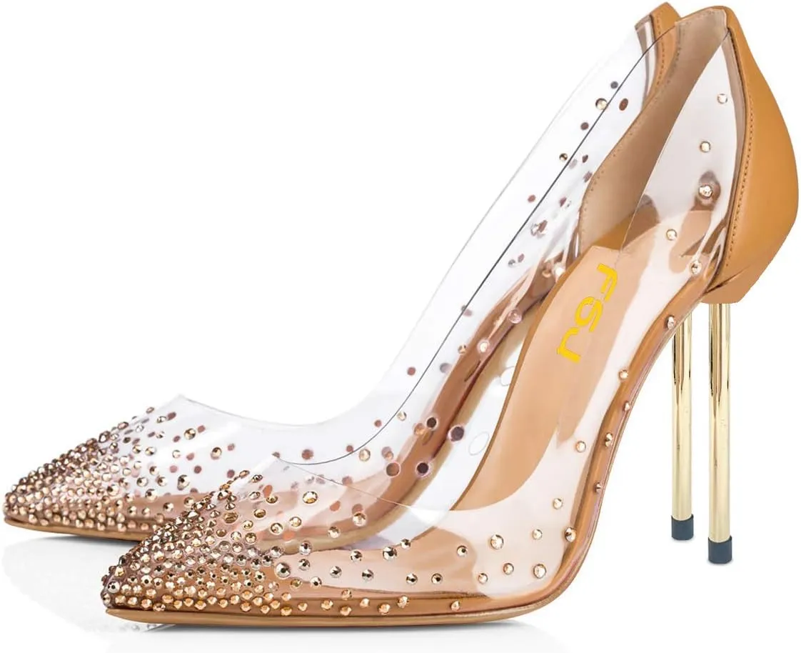 FSJ Women Studded Pointed Toe Transparent Pumps High Heels Shoes with Cute Bowknot US Size 4-15 M