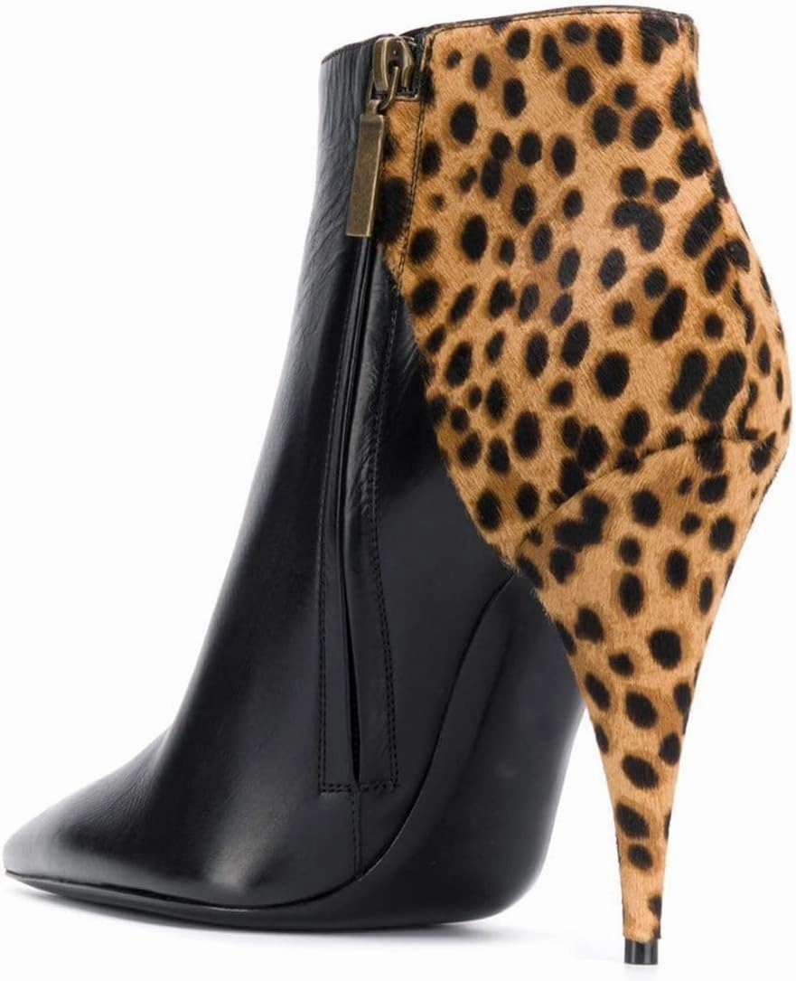 FSJ Women Classic Pointed Toe Ankle Boots High Cone Heel Leather Faux Suede Studded Rhinestones Leopard Short Booties Side Zipper Dress Shoes Size 4-15 US