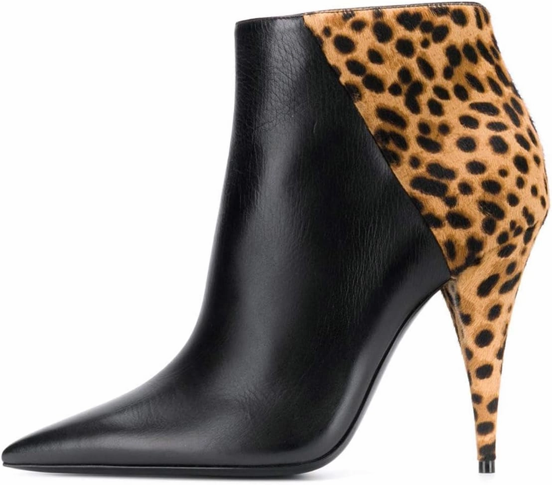 FSJ Women Classic Pointed Toe Ankle Boots High Cone Heel Leather Faux Suede Studded Rhinestones Leopard Short Booties Side Zipper Dress Shoes Size 4-15 US