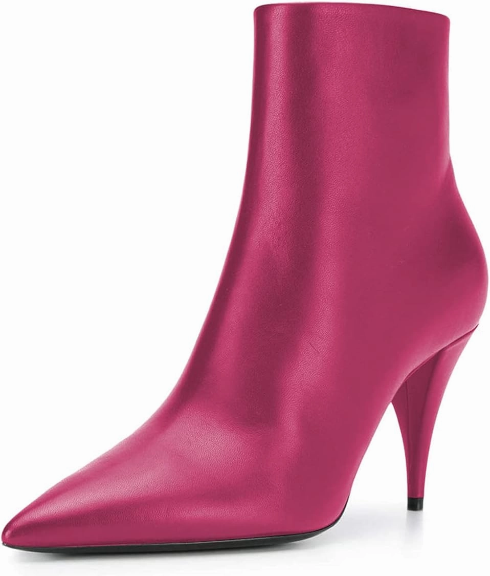 FSJ Women Classic Pointed Toe Ankle Boots High Cone Heel Leather Faux Suede Studded Rhinestones Leopard Short Booties Side Zipper Dress Shoes Size 4-15 US