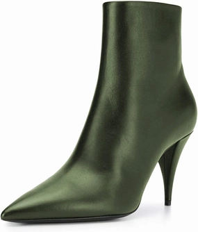 FSJ Women Classic Pointed Toe Ankle Boots High Cone Heel Leather Faux Suede Studded Rhinestones Leopard Short Booties Side Zipper Dress Shoes Size 4-15 US
