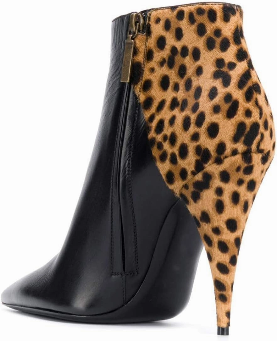 FSJ Women Classic Pointed Toe Ankle Boots High Cone Heel Leather Faux Suede Studded Rhinestones Leopard Short Booties Side Zipper Dress Shoes Size 4-15 US