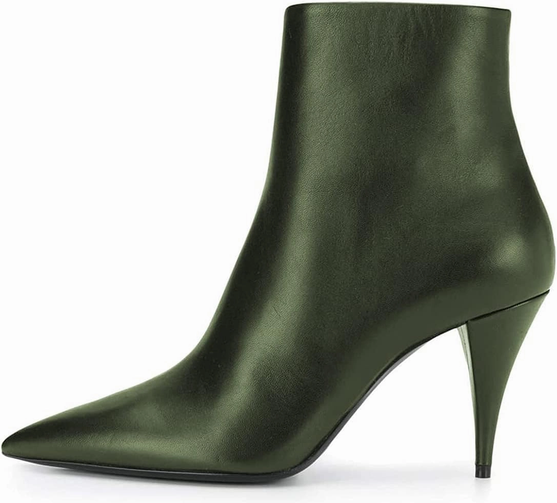 FSJ Women Classic Pointed Toe Ankle Boots High Cone Heel Leather Faux Suede Studded Rhinestones Leopard Short Booties Side Zipper Dress Shoes Size 4-15 US