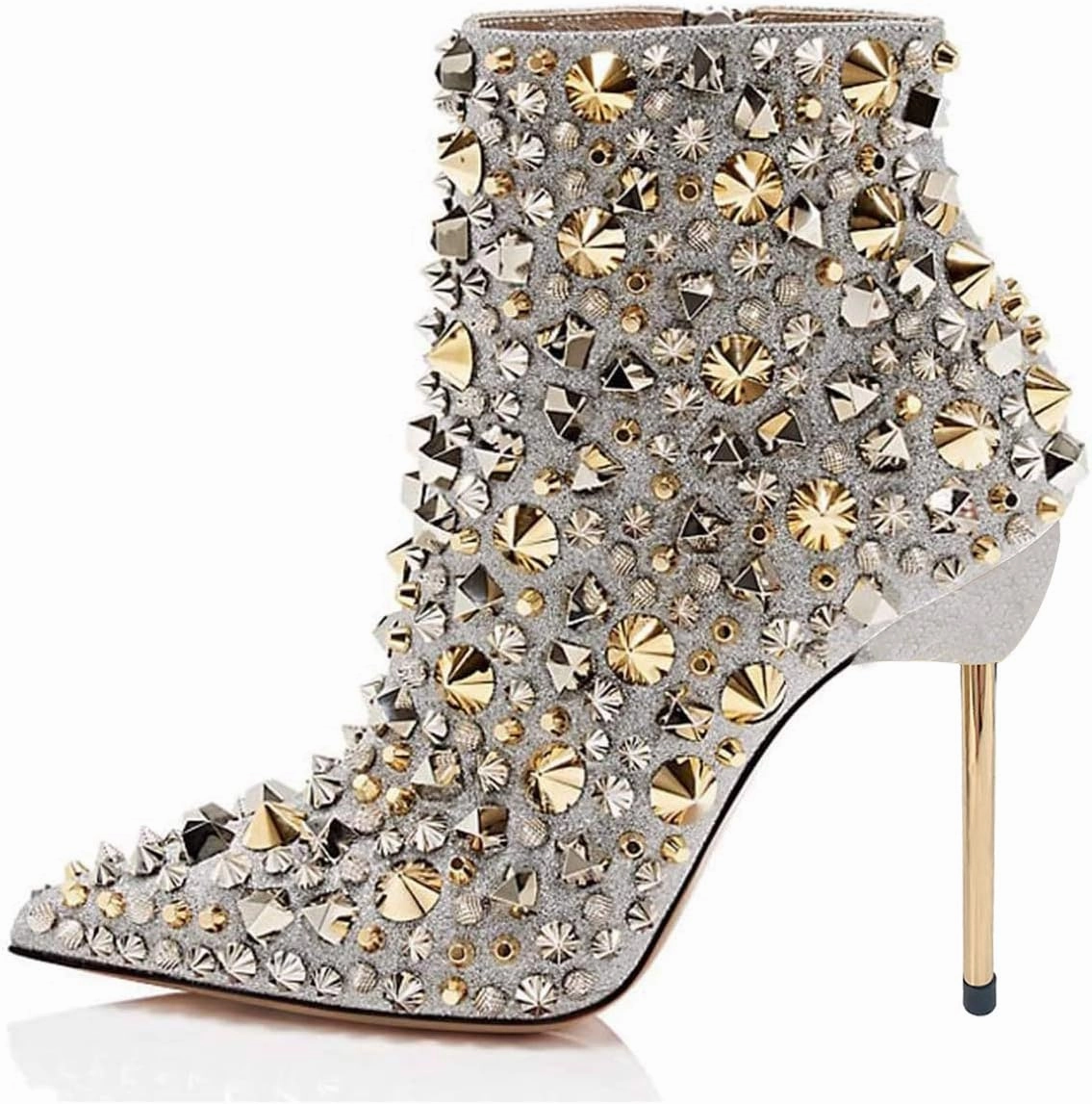 FSJ Women Fashion High Heel Ankle Boots with Rivets Closed Pointed Toe Stilettos Zipper Unique Style Shoes Size 4-15 M US