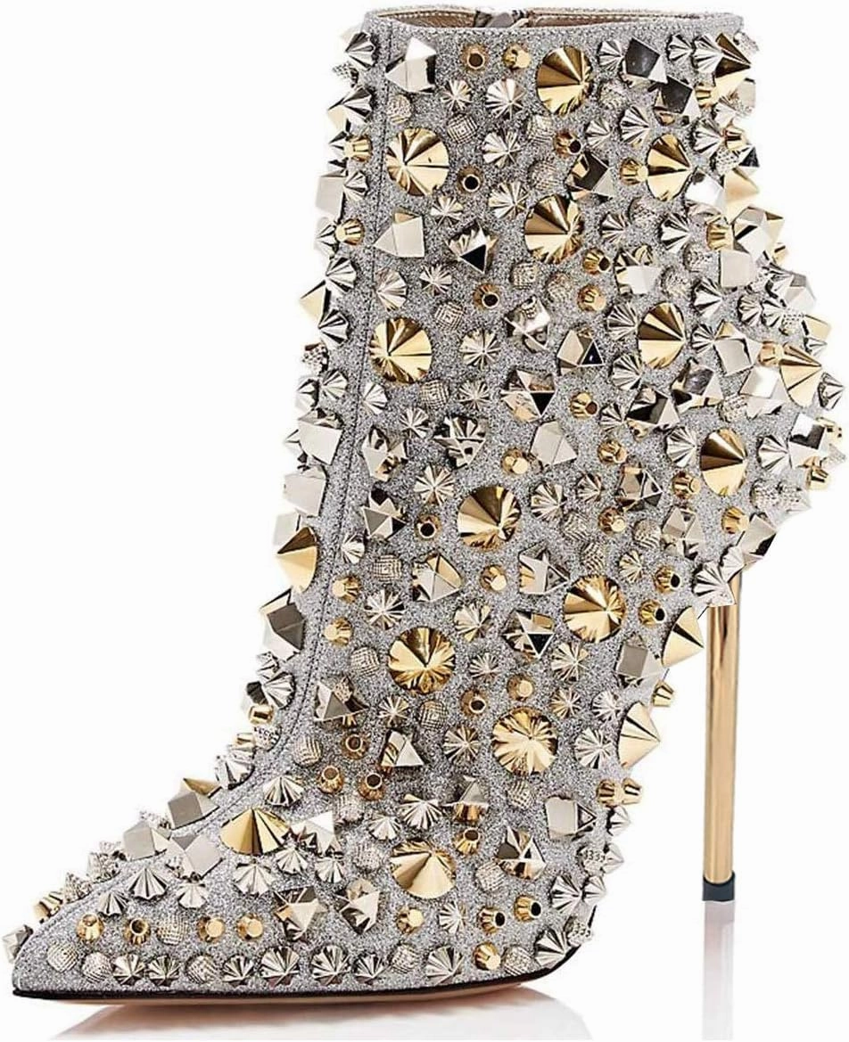 FSJ Women Fashion High Heel Ankle Boots with Rivets Closed Pointed Toe Stilettos Zipper Unique Style Shoes Size 4-15 M US