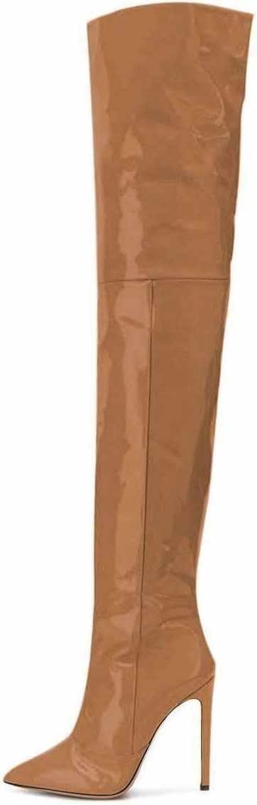 FSJ Women Fashion Pointed Toe Stiletto Heel Thigh High Over The Knee Boots Pull On Side Zipper Patent Leather Winter Shoes Size 4-15 US