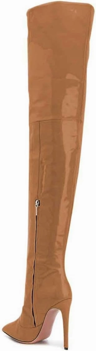 FSJ Women Fashion Pointed Toe Stiletto Heel Thigh High Over The Knee Boots Pull On Side Zipper Patent Leather Winter Shoes Size 4-15 US