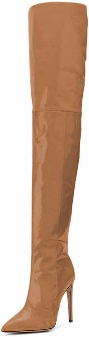 FSJ Women Fashion Pointed Toe Stiletto Heel Thigh High Over The Knee Boots Pull On Side Zipper Patent Leather Winter Shoes Size 4-15 US