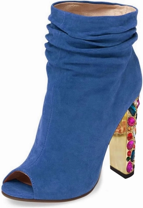 FSJ Women Fashion Slouch Ankle Boots Peep Toe Chunky High Heel Studded with Crystal Gem Heel Back Zipper Party Dress Walking Shoes Size 4-15 US