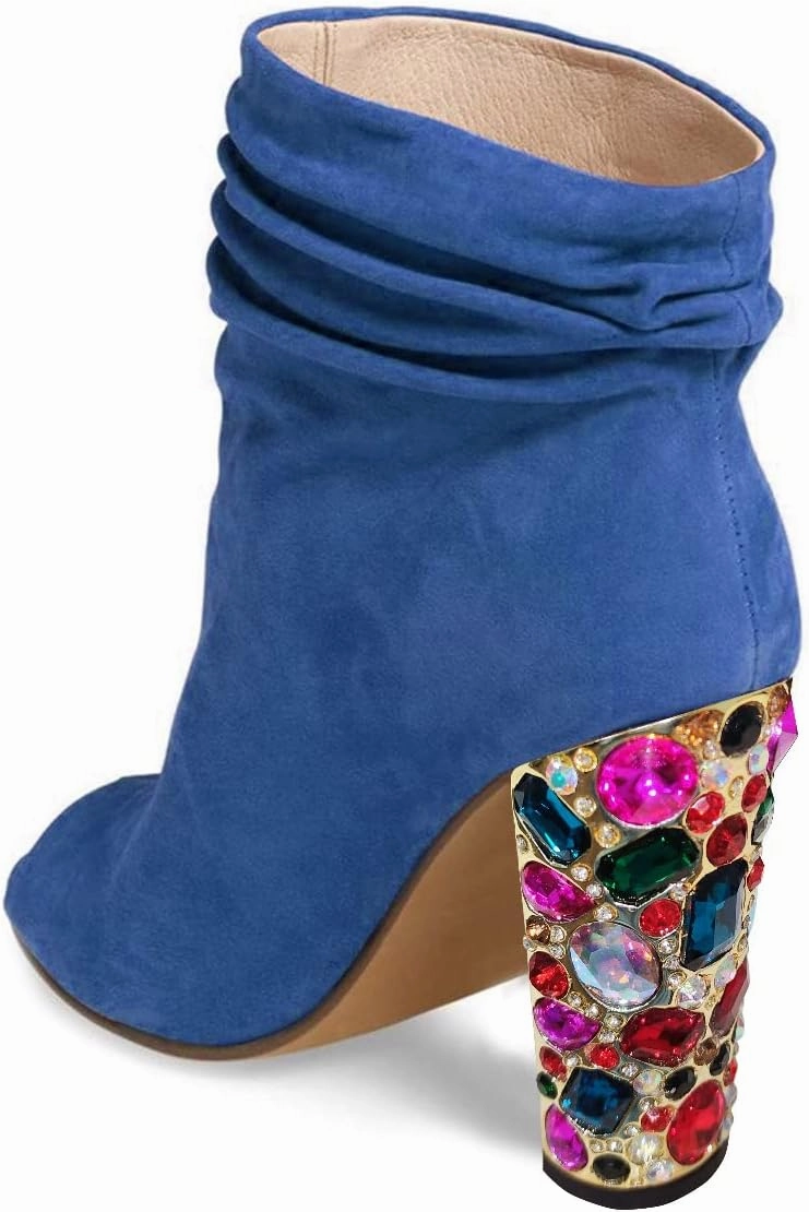 FSJ Women Fashion Slouch Ankle Boots Peep Toe Chunky High Heel Studded with Crystal Gem Heel Back Zipper Party Dress Walking Shoes Size 4-15 US